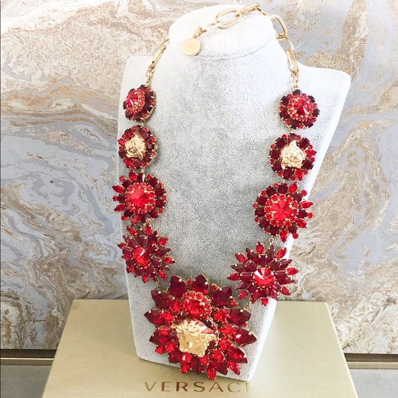 Versace Red Blooming Medusa Crystal Necklace - Picture 1 of 8